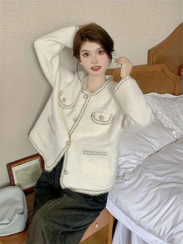 Final Clearance Sixsr Contrast Trim Button Down Knit Cardigan, Elegant Long Sleeve Cozy Sweater, Women's Clothing Final Clearance Sixsr Contrast Trim Button Down Knit Cardigan, Elegant Long Sleeve Cozy Sweater, Women's Clothing