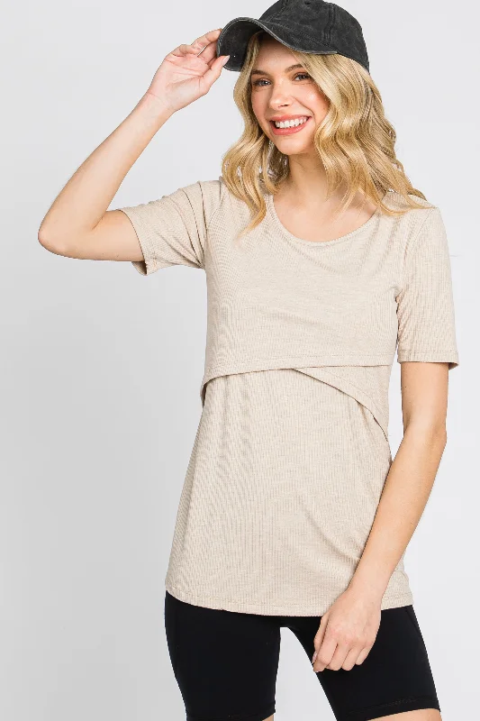 Clearance Sale Beige Ribbed Wrap Front Nursing Top