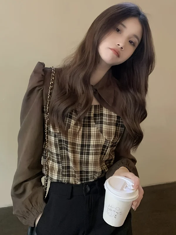 Weekend Bargains to Grab Sixsr Plaid Splicing Turn Down Collar Shirt, Casual Long Sleeve Every Day Shirt, Women's Clothing Weekend Bargains to Grab Sixsr Plaid Splicing Turn Down Collar Shirt, Casual Long Sleeve Every Day Shirt, Women's Clothing