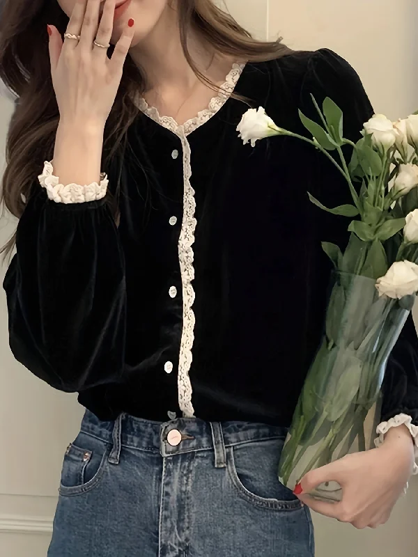 Weekend Special Sixsr Lace Stitching V-neck Velvet Blouse, Vintage Long Sleeve Button Front Blouse For Spring & Fall, Women's Clothing Weekend Special Sixsr Lace Stitching V-neck Velvet Blouse, Vintage Long Sleeve Button Front Blouse For Spring & Fall, Women's Clothing