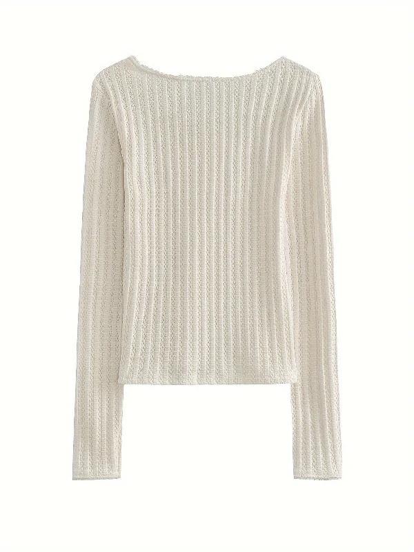 Value Deals Sixsr Solid Color Crew Neck T-Shirt, Casual Tie Front Long Sleeve Ribbed T-Shirt For Every Day, Women's Clothing Value Deals Sixsr Solid Color Crew Neck T-Shirt, Casual Tie Front Long Sleeve Ribbed T-Shirt For Every Day, Women's Clothing
