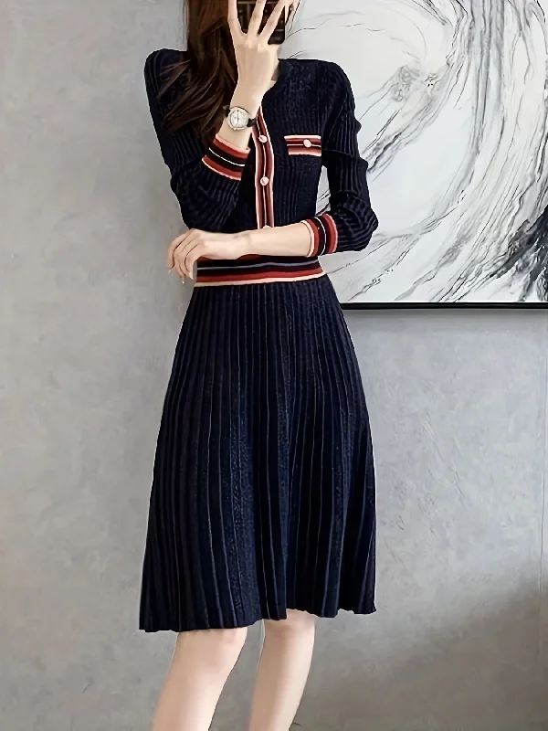 Weekend Specials to Love Sixsr Contrast Trim Pleated Dress, Elegant Long Sleeve A-line Dress, Women's Clothing Weekend Specials to Love Sixsr Contrast Trim Pleated Dress, Elegant Long Sleeve A-line Dress, Women's Clothing