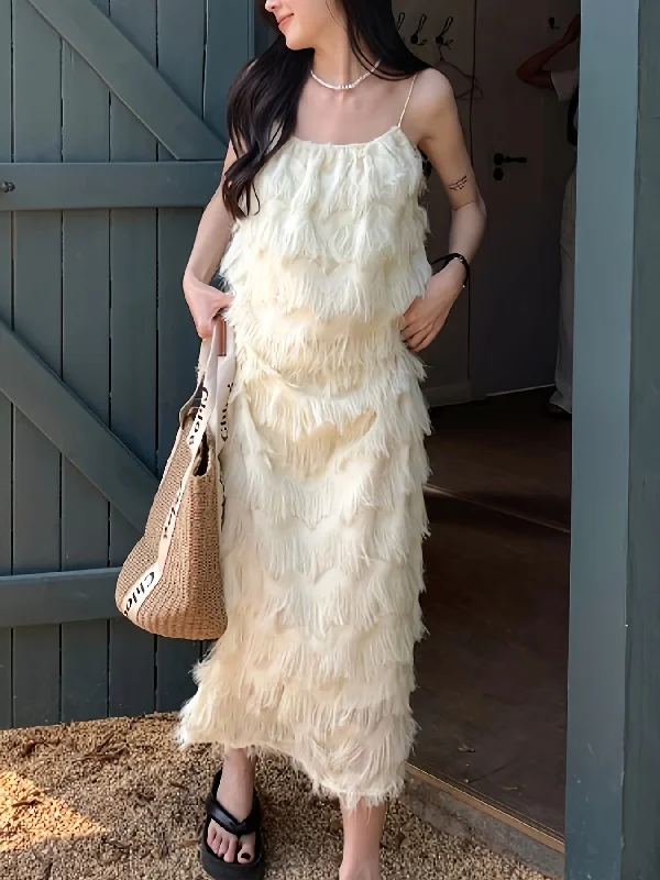 Weekend Bargains Galore Solid Layer Tassel Trim Cami Dress, Chic Sleeveless Spaghetti Strap Dress, Women's Clothing