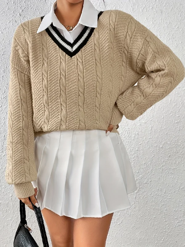 Low Price Sixsr Cable Knit V Neck Pullover Sweater, Casual Long Sleeve Loose Sweater, Women's Clothing Low Price Sixsr Cable Knit V Neck Pullover Sweater, Casual Long Sleeve Loose Sweater, Women's Clothing