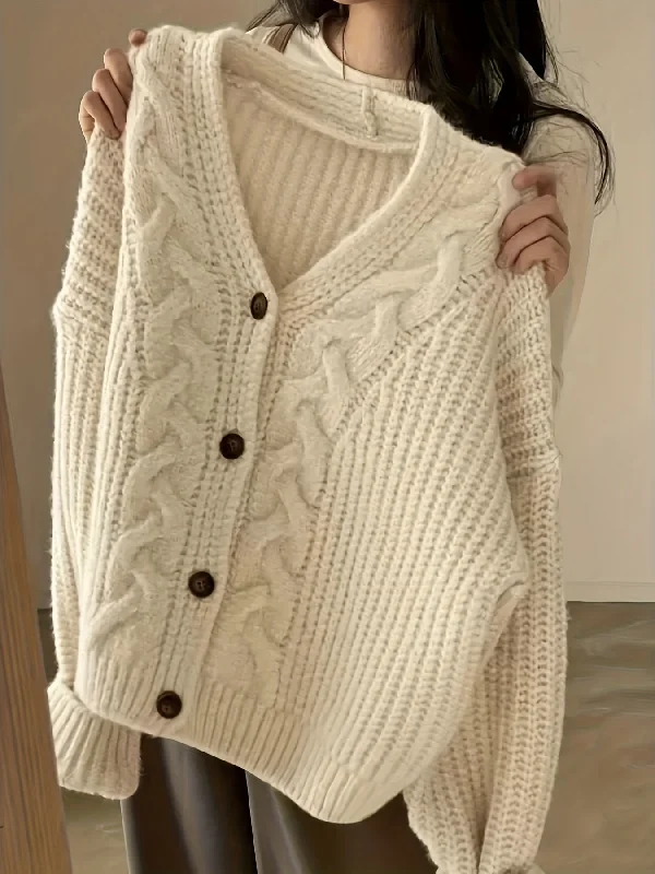 Weekend Deal Sixsr Solid Button Down Cable Knit Cardigan, Casual Long Sleeve Loose Thick Sweater, Women's Clothing Weekend Deal Sixsr Solid Button Down Cable Knit Cardigan, Casual Long Sleeve Loose Thick Sweater, Women's Clothing