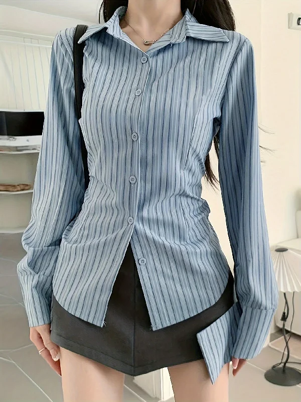 Weekend Discounts Worth Grabbing Sixsr Striped Print Button Front Shirt, Casual Long Sleeve Shirt For Spring & Fall, Women's Clothing Weekend Discounts Worth Grabbing Sixsr Striped Print Button Front Shirt, Casual Long Sleeve Shirt For Spring & Fall, Women's Clothing