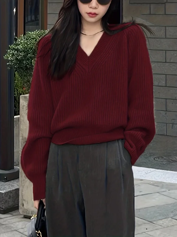 Weekend Specials to Cherish Sixsr Solid Knit Pullover Sweater, Casual V Neck Long Sleeve Sweater, Women's Clothing Weekend Specials to Cherish Sixsr Solid Knit Pullover Sweater, Casual V Neck Long Sleeve Sweater, Women's Clothing