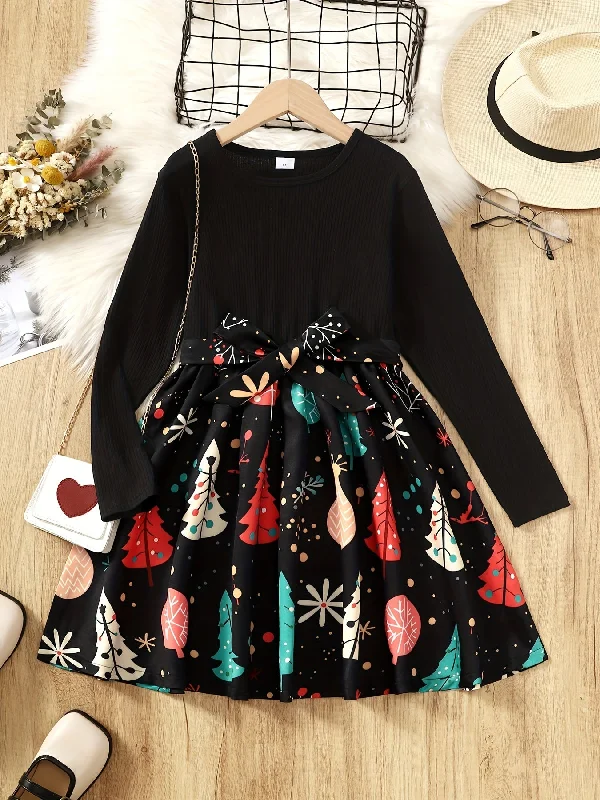 Year-End Deals Long Sleeve Girls Christmas Tree Graphic Dress With Bow Belt For Fall Party