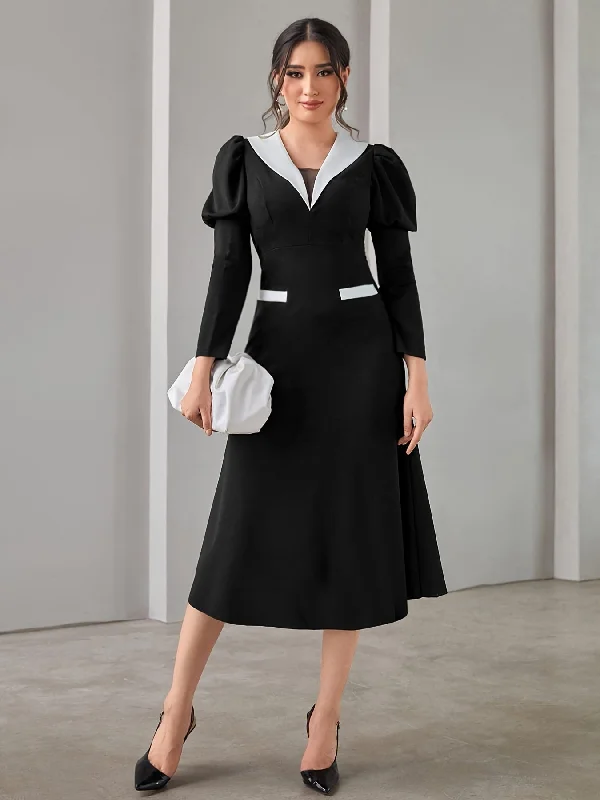 Early Access Color Block Puff Long Sleeve Dress, Elegant V Neck Midi Dress, Women's Clothing Early Access Color Block Puff Long Sleeve Dress, Elegant V Neck Midi Dress, Women's Clothing