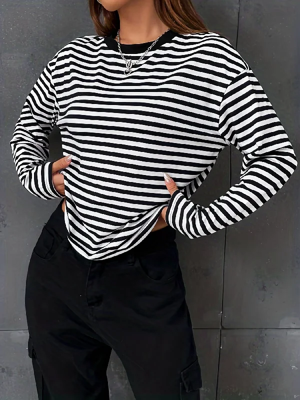 Take Advantage Sixsr Striped Print Crew Neck T-Shirt, Vintage Long Sleeve T-Shirt For Spring & Fall, Women's Clothing Take Advantage Sixsr Striped Print Crew Neck T-Shirt, Vintage Long Sleeve T-Shirt For Spring & Fall, Women's Clothing