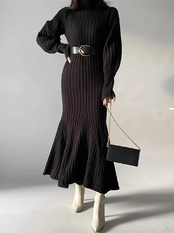 Weekend Savings Fiesta Sixsr Solid Ruffle Hem Dress, Elegant Ribbed Turtle Neck Long Sleeve Dress, Women's Clothing Weekend Savings Fiesta Sixsr Solid Ruffle Hem Dress, Elegant Ribbed Turtle Neck Long Sleeve Dress, Women's Clothing