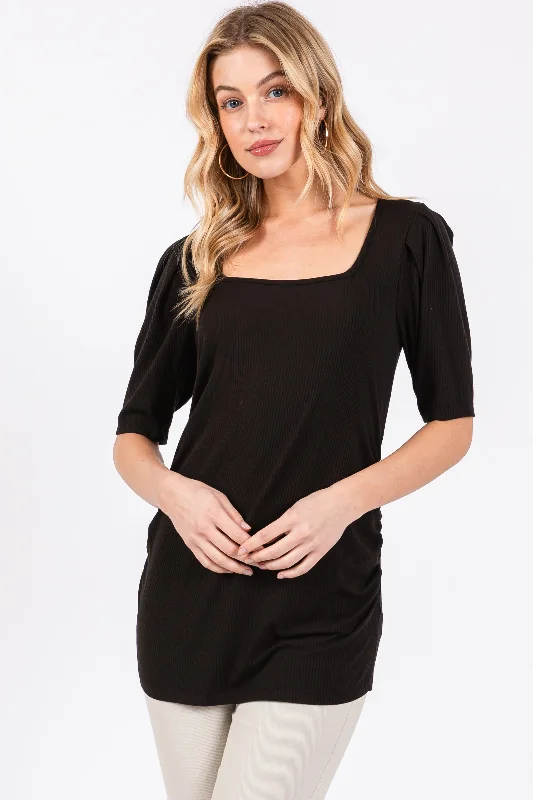 Weekend Bargains Await You Black Ribbed Ruched Square Neck Puff Sleeve Top