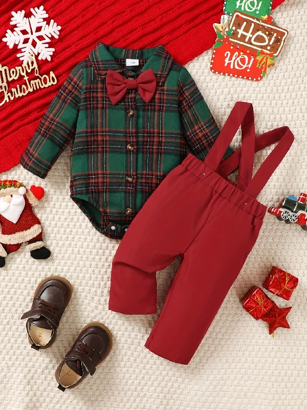Weekend Bargains to Relish 2PCS Christmas Baby Boy's Plaid Long Sleeve Collared Onesie & Suspender Pants, Cute Little Gentleman Two-Piece Outfit, Outdoor Cloth
