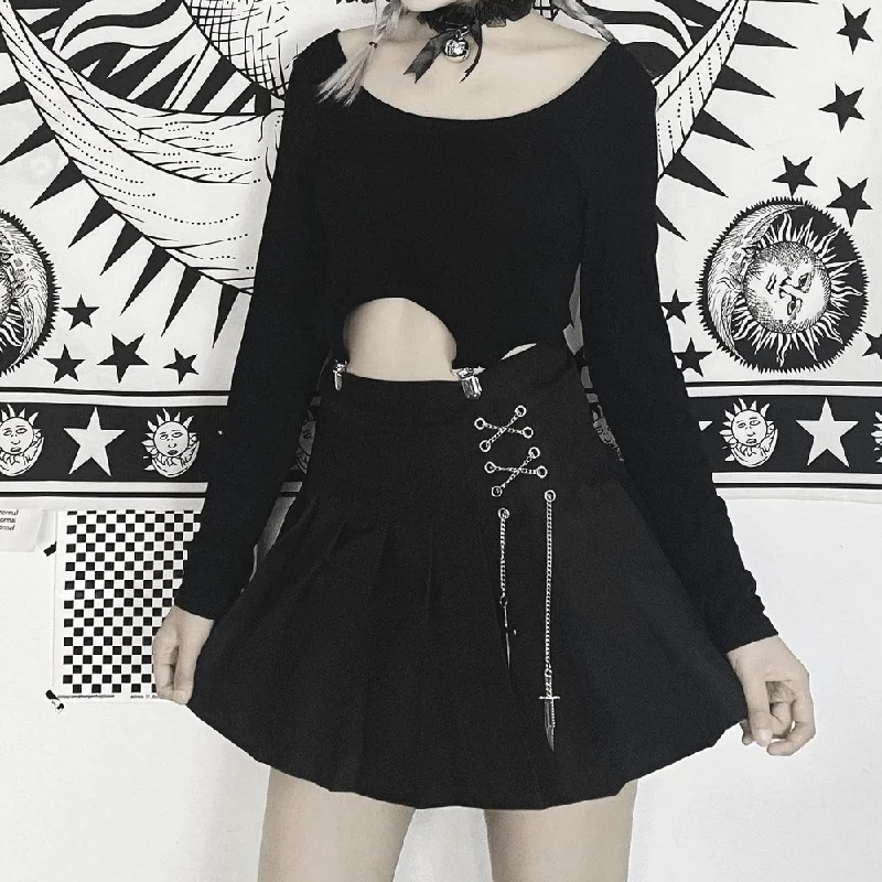 Midnight Sale Women's Grunge Buckles Irregular Hem Slim Fitted Balck Tee