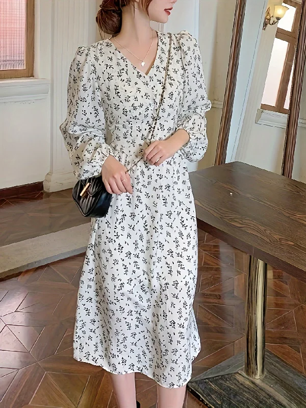Value Pack Sixsr Allover Print V-neck Dress, Elegant Long Sleeve Dress For Spring & Fall, Women's Clothing Value Pack Sixsr Allover Print V-neck Dress, Elegant Long Sleeve Dress For Spring & Fall, Women's Clothing