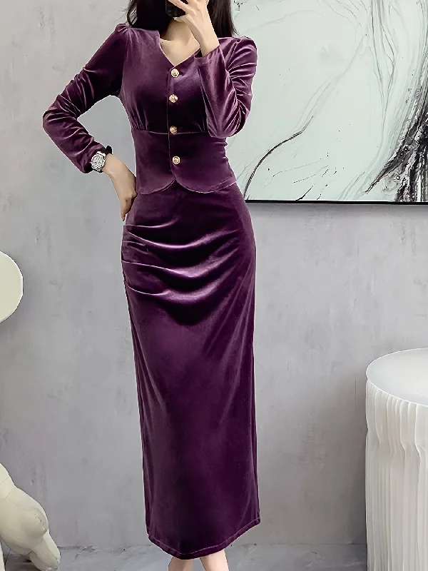 Shop the Weekend Away Sixsr Solid Bodycon Two-piece Set, Button Front Long Sleeve Tops & High Waist Midi Skirts Outfits, Women's Clothing Shop the Weekend Away Sixsr Solid Bodycon Two-piece Set, Button Front Long Sleeve Tops & High Waist Midi Skirts Outfits, Women's Clothing
