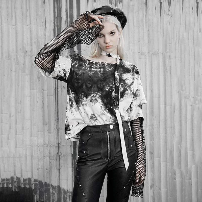 Mega Discount Women's Ink Painting Ripped Stitching Mesh T-shirts