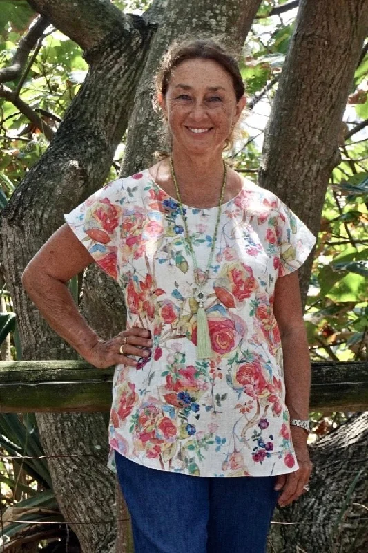 Unbeatable Deal Rose Print Short Sleeve Linen Cotton Top