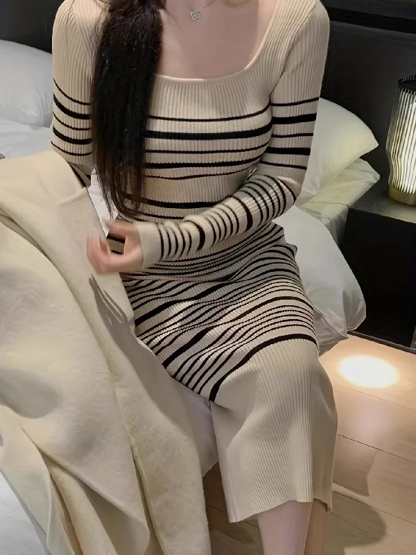 Low Cost Sixsr Striped Print Knitted Slim Dress, Elegant Long Sleeve Dress, Women's Clothing Low Cost Sixsr Striped Print Knitted Slim Dress, Elegant Long Sleeve Dress, Women's Clothing