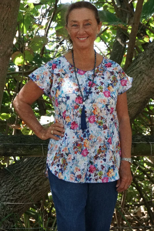 Weekend Discounts to Enjoy Carnation Print Short Sleeve Non-Crush Cotton Top
