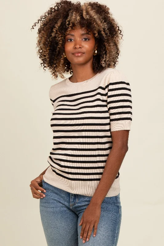 Now Available Beige Striped Short Sleeve Knit Top