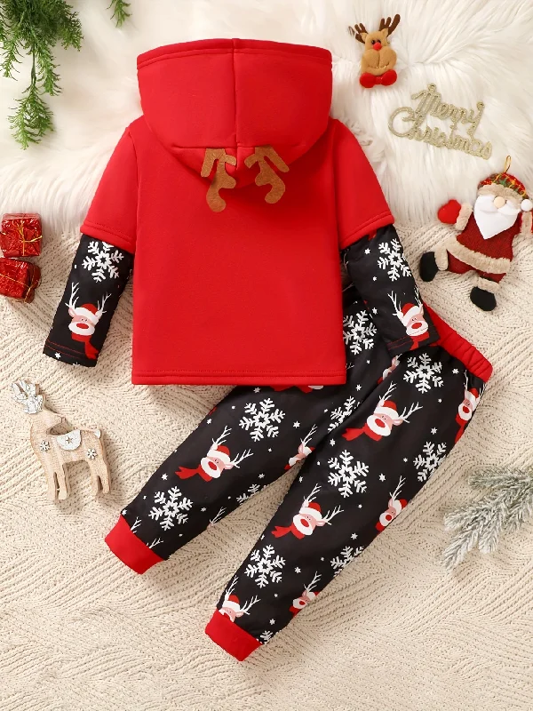 Flash Deal Boys' Christmas Outfit Set, Long Sleeve Hoodie with Reindeer Antlers & Snowflake Print Pants, Casual Knit Pullover with Random Print, Polyester Blend, Regular Fit, for Autumn/Winter Season, For Outdoor