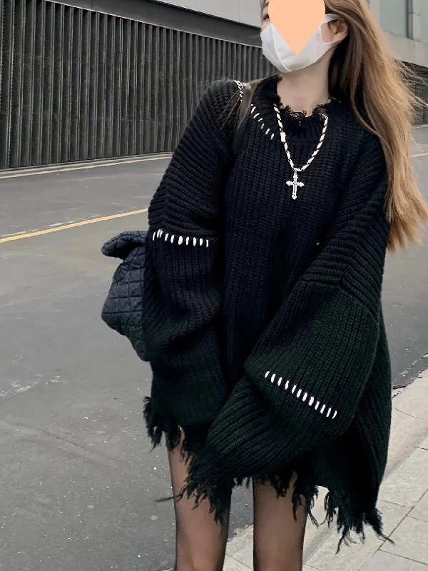 Discount Mania Sixsr Stylish Ripped Crew Neck Oversized Sweater, Distressed Long Sleeve Raw Hem Sweater, Women's Clothing Discount Mania Sixsr Stylish Ripped Crew Neck Oversized Sweater, Distressed Long Sleeve Raw Hem Sweater, Women's Clothing