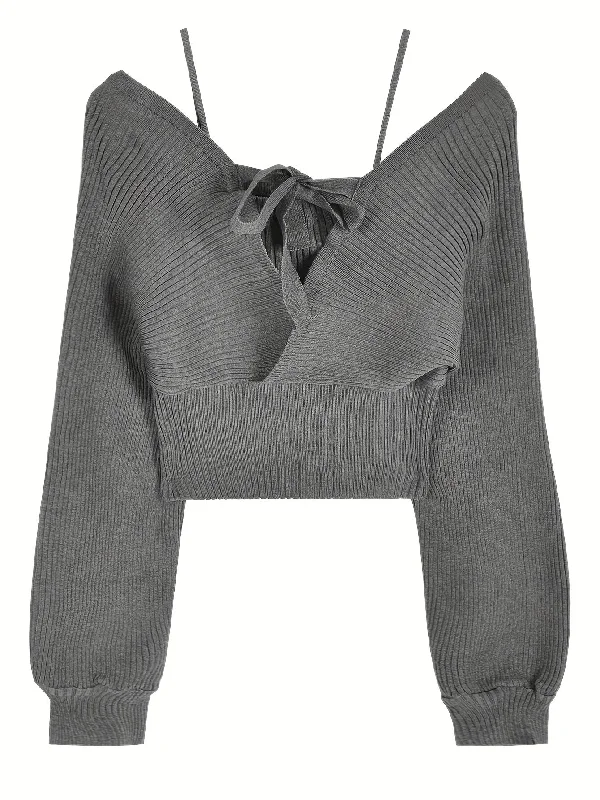 Weekend Deals That Spark Sixsr Solid Color Faux Twinset Sweater, Chic Long Sleeve Crop Tied Sweater For Fall & Winter, Women's Clothing Weekend Deals That Spark Sixsr Solid Color Faux Twinset Sweater, Chic Long Sleeve Crop Tied Sweater For Fall & Winter, Women's Clothing