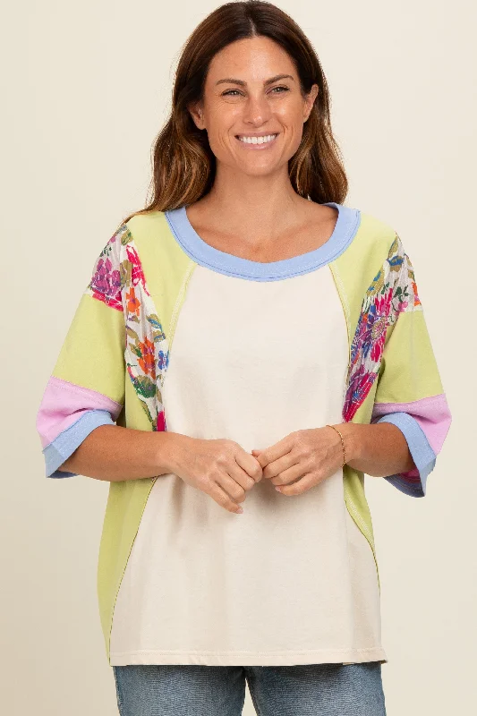 Super Savings Lime Floral Colorblock Raw Hem Oversized Top
