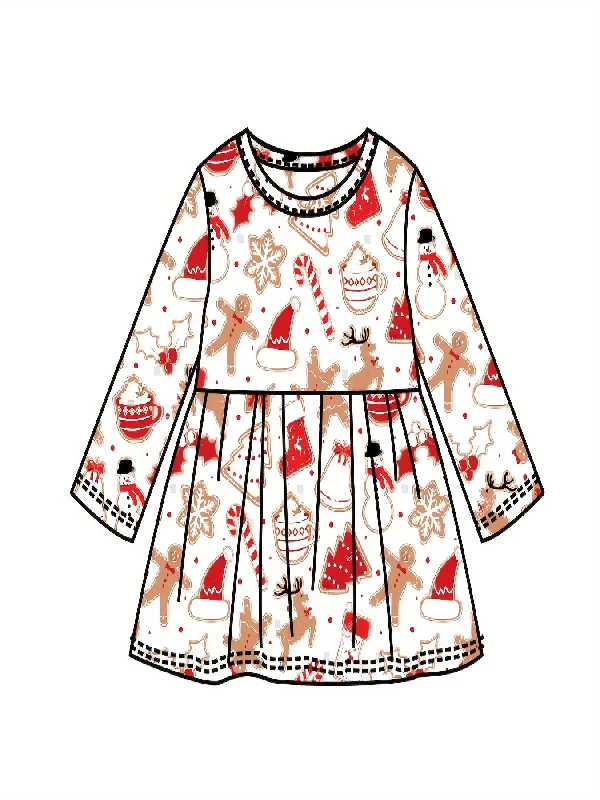 Lowest Rates Girls Cute & Sweet Long Sleeve Allover Cartoon Christmas Elements Pattern Dress For Spring & Fall, As Christmas Gifts