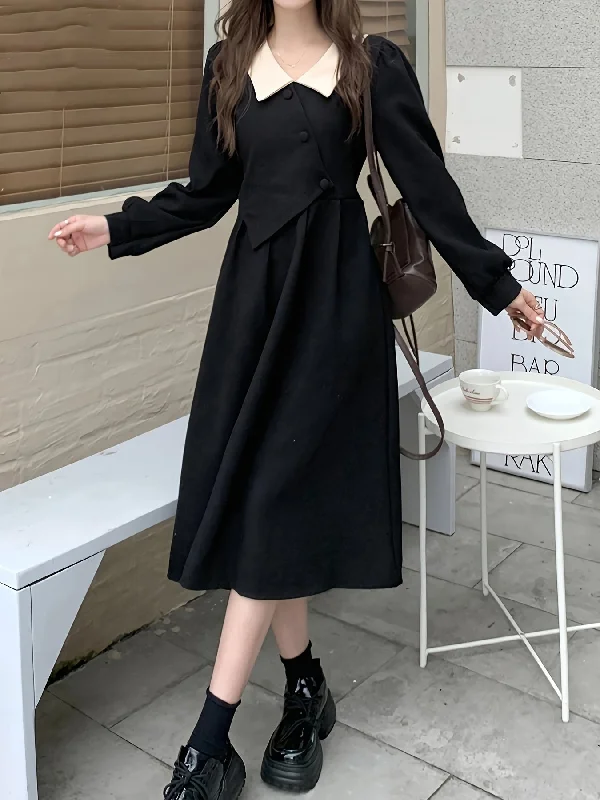 Unbeatable Deal Sixsr Contrast Trim Button Decor Dress, Elegant Long Sleeve Dress For Spring & Fall, Women's Clothing Unbeatable Deal Sixsr Contrast Trim Button Decor Dress, Elegant Long Sleeve Dress For Spring & Fall, Women's Clothing