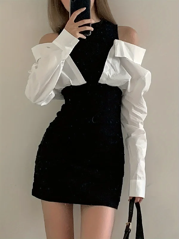 Weekend Specials to Grab Sixsr Color Block Cold Shoulder Dress, Stylish Cuff Sleeve Crew Neck Mini Dress, Women's Clothing Weekend Specials to Grab Sixsr Color Block Cold Shoulder Dress, Stylish Cuff Sleeve Crew Neck Mini Dress, Women's Clothing