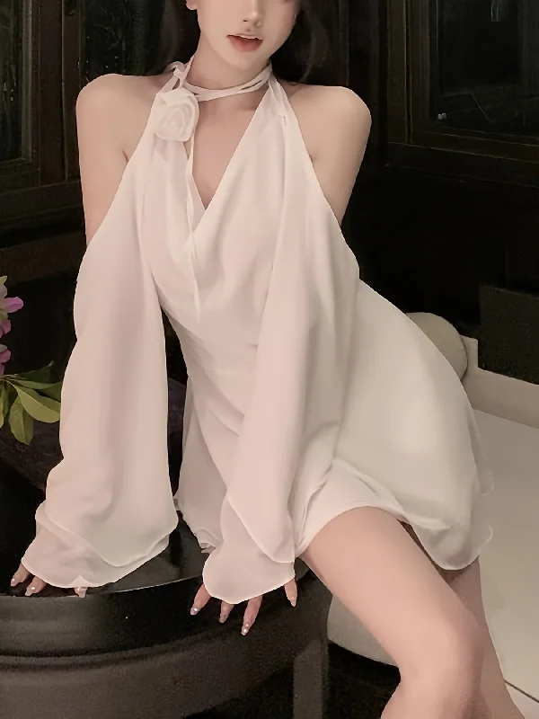Top Pick Sixsr Solid Cowl Neck Tied Halter Dress, Elegant Long Sleeve Backless Flowy Stylish Dress, Women's Clothing Top Pick Sixsr Solid Cowl Neck Tied Halter Dress, Elegant Long Sleeve Backless Flowy Stylish Dress, Women's Clothing
