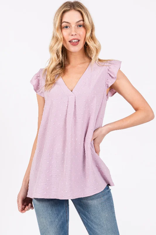 Weekend Bargains to Cherish Lavender Swiss Dot Flutter Sleeve V-Neck Top
