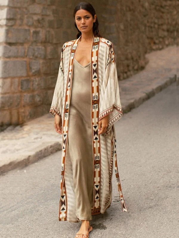 Online Exclusive Sixsr Geo Print Open Front Belted Kimono, Boho Long Sleeve Beachwear Cove Up, Women's Clothing
