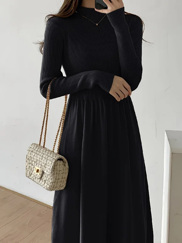 Weekend Discounts to Enjoy Sixsr Ribbed Solid Color Dress, Elegant Mock Neck Long Sleeve Dress, Women's Clothing Weekend Discounts to Enjoy Sixsr Ribbed Solid Color Dress, Elegant Mock Neck Long Sleeve Dress, Women's Clothing