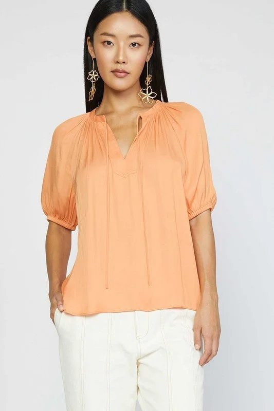 Act Now Split Neck Tie Front Blouse