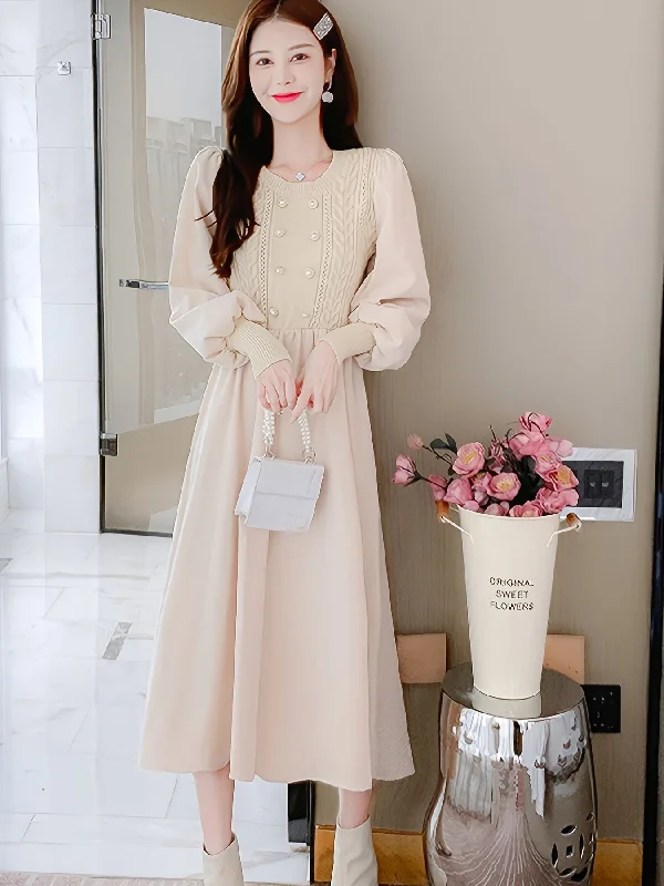Exclusive Offer Sixsr Crew Neck Knitted Maxi Dress, Elegant Solid Color Button Long Sleeve Sweater A-line Dress For Fall & Winter, Women's Clothing Exclusive Offer Sixsr Crew Neck Knitted Maxi Dress, Elegant Solid Color Button Long Sleeve Sweater A-line Dress For Fall & Winter, Women's Clothing