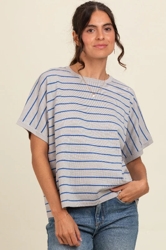Extra Discount Grey Striped Boxy Short Sleeve Top