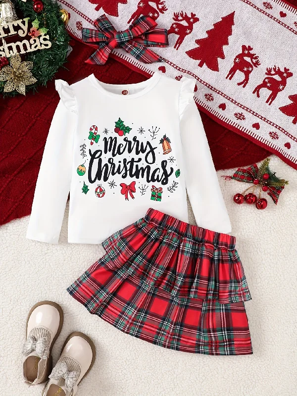 Great Bargain 1 Set Girl's 'Merry Christmas' Print Long-Sleeve Ruffle Top + Plaid Print Tiered Skirt - Spring & Fall Sweet Comfy Girls Casual Outfit, As Gift