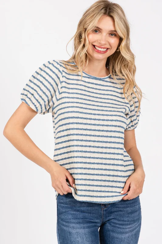 The Best Deal Light Blue Striped Textured Puff Sleeve Top