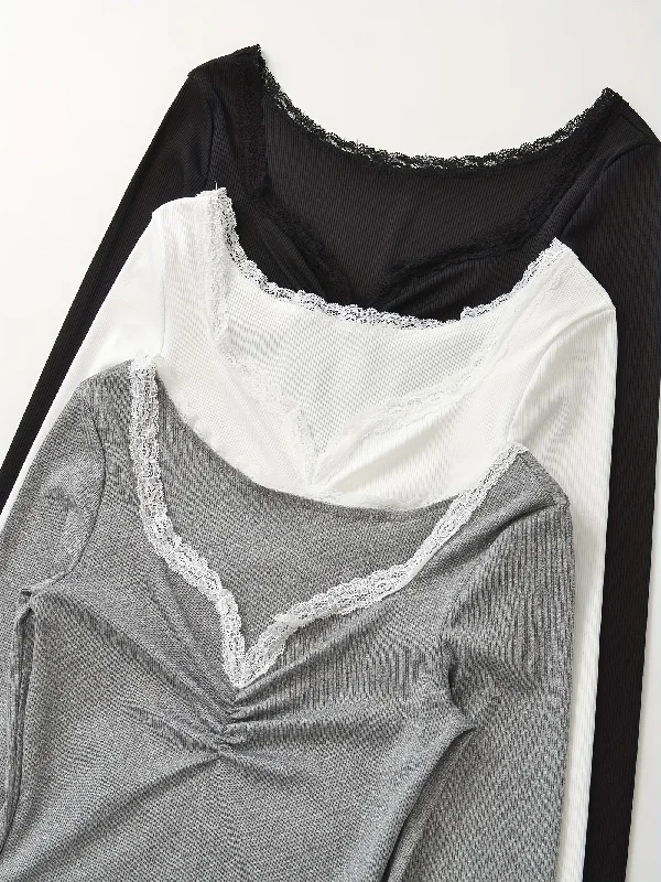 Time-Limited Offer Sixsr Contrast Lace T-shirt 3 Packs, Casual Long Sleeve Notch Neck Ruched Top For Spring & Fall, Women's Clothing Time-Limited Offer Sixsr Contrast Lace T-shirt 3 Packs, Casual Long Sleeve Notch Neck Ruched Top For Spring & Fall, Women's Clothing