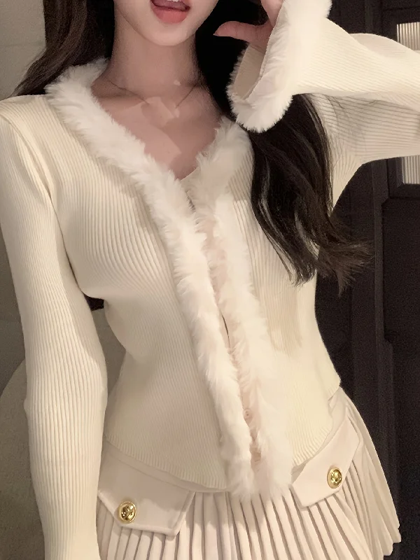 Weekend Bargains to Relish Sixsr Solid Faux Fur Decor V-neck Cardigan, Elegant Long Sleeve Slim Knit Cardigan For Fall & Winter, Women's Clothing Weekend Bargains to Relish Sixsr Solid Faux Fur Decor V-neck Cardigan, Elegant Long Sleeve Slim Knit Cardigan For Fall & Winter, Women's Clothing