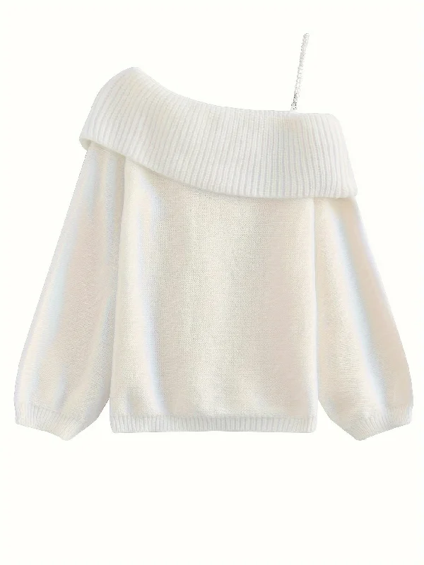 New Arrival Sixsr Asymmetric Shoulder Chain Strap Sweater, Chic Long Sleeve Beaded Sweater For Fall & Winter, Women's Clothing New Arrival Sixsr Asymmetric Shoulder Chain Strap Sweater, Chic Long Sleeve Beaded Sweater For Fall & Winter, Women's Clothing