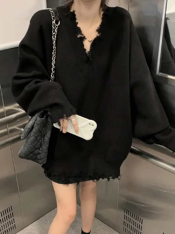 Bonus Offer Sixsr Solid V Neck Pullover Sweater, Casual Ripped Long Sleeve Oversized Sweater, Women's Clothing Bonus Offer Sixsr Solid V Neck Pullover Sweater, Casual Ripped Long Sleeve Oversized Sweater, Women's Clothing