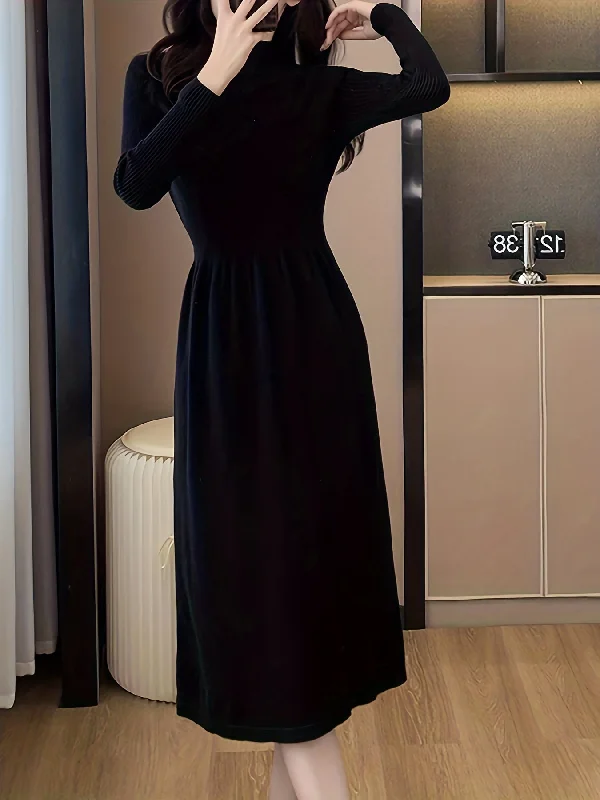 Weekend Offers That Thrill Sixsr Solid Long Sleeve Knit Dress, Elegant Mock Neck A-line Dress For Fall & Winter, Women's Clothing Weekend Offers That Thrill Sixsr Solid Long Sleeve Knit Dress, Elegant Mock Neck A-line Dress For Fall & Winter, Women's Clothing
