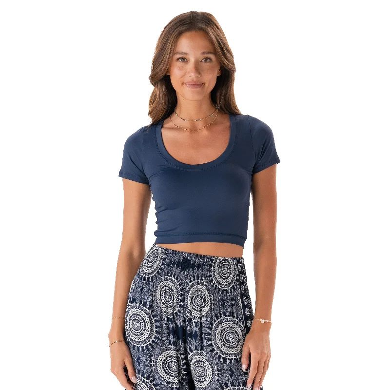 Early Bird Navy Blue Cropped Yin Scoop Neck Top