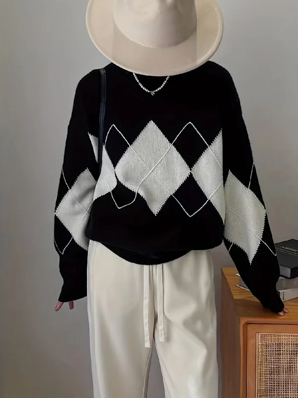 Stock Clearance Sixsr Argyle Print Knit Sweater, Casual Crew Neck Long Sleeve Sweater, Women's Clothing Stock Clearance Sixsr Argyle Print Knit Sweater, Casual Crew Neck Long Sleeve Sweater, Women's Clothing