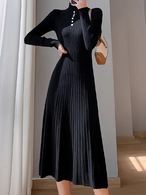 Overstock Clearance Sixsr Button Decor Keyhole Ribbed Dress, Elegant Long Sleeve Mock Neck A-line Knit Dress, Women's Clothing Overstock Clearance Sixsr Button Decor Keyhole Ribbed Dress, Elegant Long Sleeve Mock Neck A-line Knit Dress, Women's Clothing