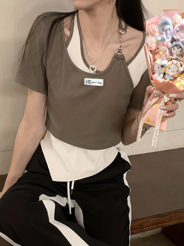 Weekend Offers That Thrill Sixsr Asymmetrical Fake Two-piece T-shirt, Sexy Chain Crew Neck Short Sleeve T-shirt, Women's Clothing Weekend Offers That Thrill Sixsr Asymmetrical Fake Two-piece T-shirt, Sexy Chain Crew Neck Short Sleeve T-shirt, Women's Clothing